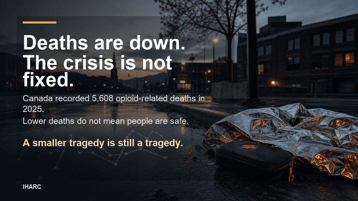 Graphic reading "Deaths are down. The crisis is not fixed" over a quiet emergency-response street scene.